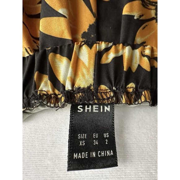 Shein Sunflower Shorts Black Gold Daisy Elastic Waist Belted Tie Front JR SZ XS - Picture 6 of 8